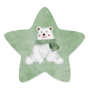 Polar Bear Wearing Green Scarf Let it Snow Holiday Star Sticker