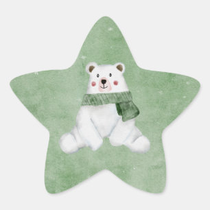 Polar Bear Wearing Green Scarf Let it Snow Holiday Star Sticker