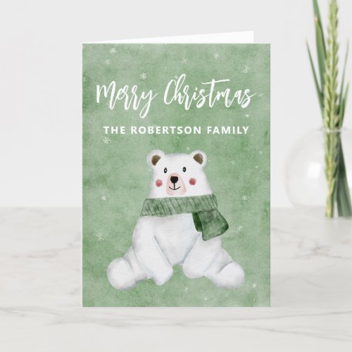 Polar Bear Wearing Green Scarf Merry Christmas Holiday Card