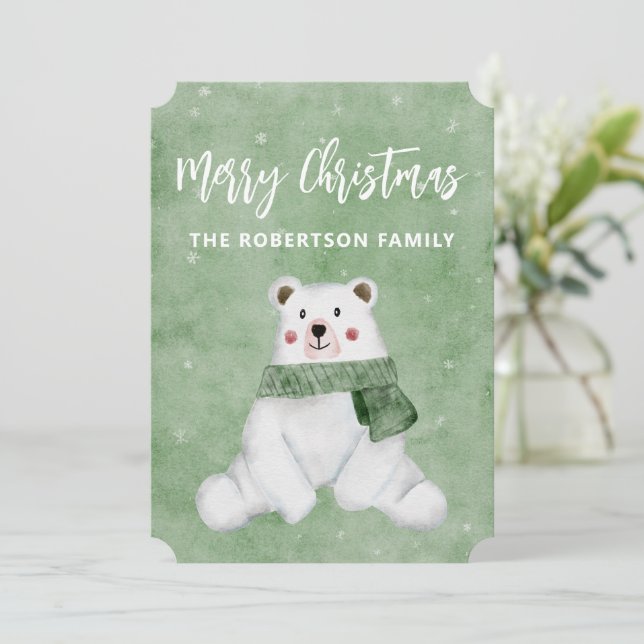 Polar Bear Wearing Green Scarf Merry Christmas Holiday Card (Standing Front)