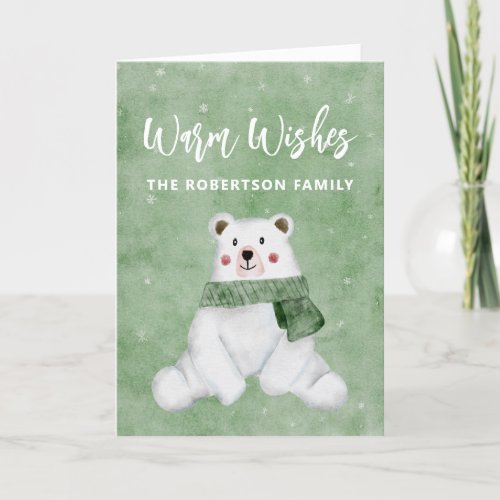 Polar Bear Wearing Green Scarf Personalized Photo Holiday Card