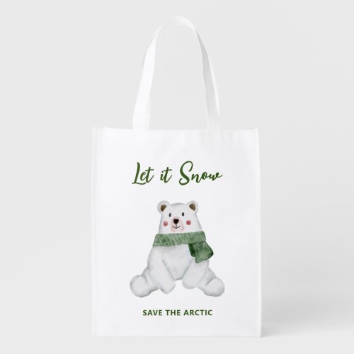 Polar Bear Wearing Green Scarf Save the Arctic Grocery Bag
