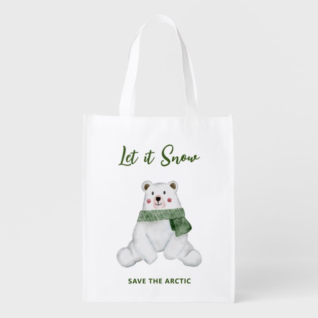 Polar Bear Wearing Green Scarf, Save the Arctic Grocery Bag (Front)