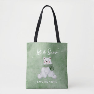 Polar Bear Wearing Green Scarf, Save the Arctic Tote Bag