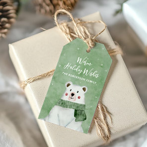 Polar Bear Wearing Green Scarf Warm Holiday Wishes Gift Tags