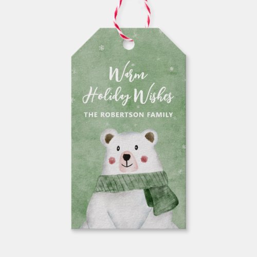 Polar Bear Wearing Green Scarf Warm Holiday Wishes Gift Tags
