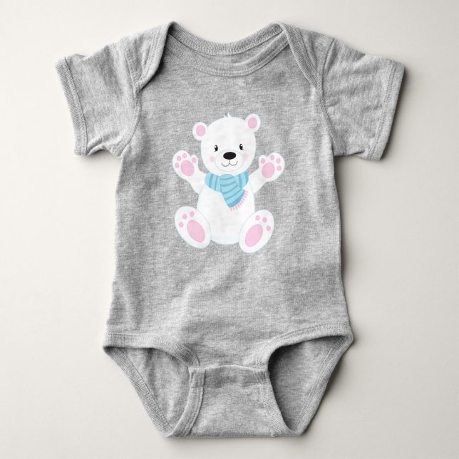 Polar Bear, White Bear, Cute Bear, Bear With Scarf Baby Bodysuit (Front)