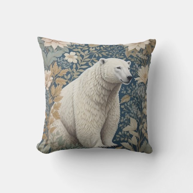 Polar Bear William Morris Inspired Floral Throw Pillow (Front)