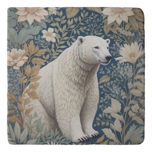 Polar Bear William Morris Inspired Floral Trivet (Front)