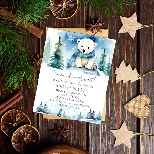 Polar bear winter baby shower budget invitation (Polar bear winter baby shower budget invitation cute white teddy bear with a scarf winter wonderland)