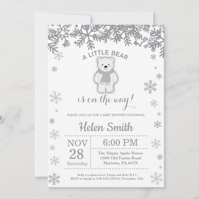 Polar Bear Winter Baby Shower Snowflake Invitation (Front)