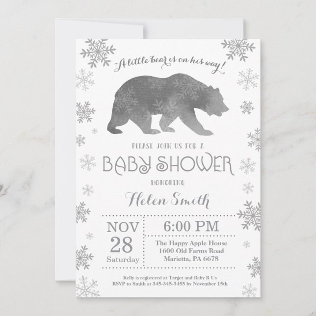 Polar Bear Winter Baby Shower Snowflake Invitation (Front)