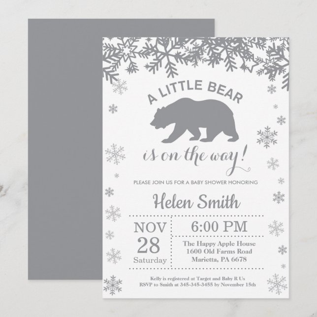 Polar Bear Winter Baby Shower Snowflake Invitation (Front/Back)