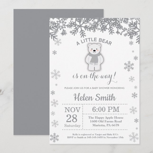 Polar Bear Winter Baby Shower Snowflake Invitation (Front/Back)