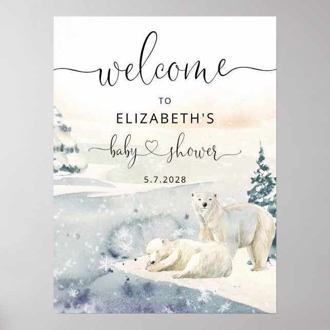 Polar Bear Winter Baby Shower Welcome Poster (Front)