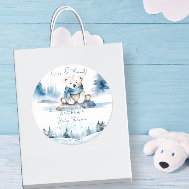 Polar bear winter bearly wait baby shower classic round sticker (Polar bear winter bearly wait baby shower favor sticker cute polar bear cub thank you stickers)