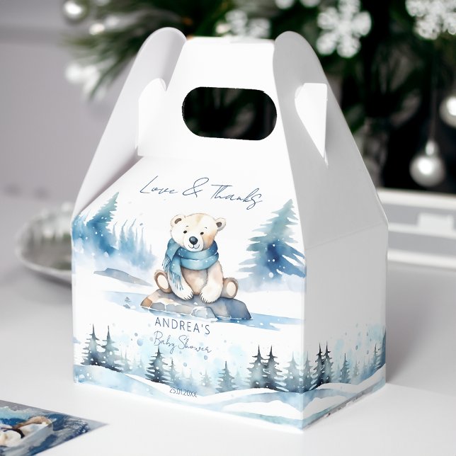 Polar bear winter bearly wait baby shower favor boxes (Polar bear winter bearly wait baby shower favor box cute teddy bear with a scarf blue pines baby boy)