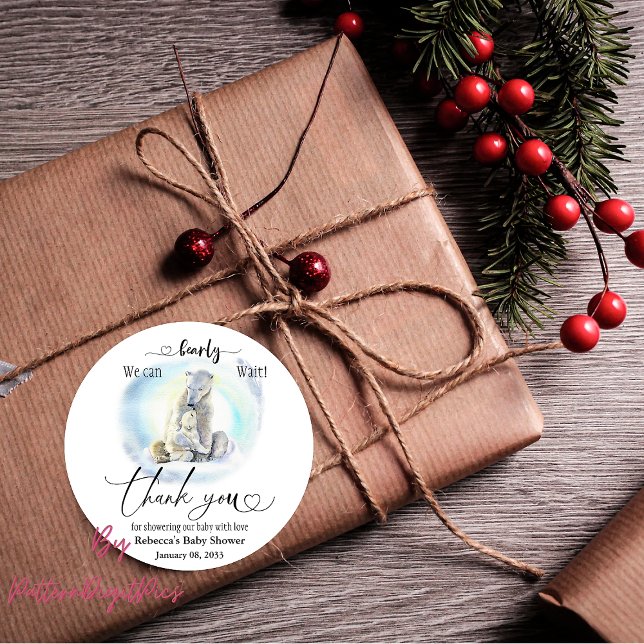 Polar Bear Winter Bearly Wait Baby Shower Favor Classic Round Sticker (Creator Uploaded)