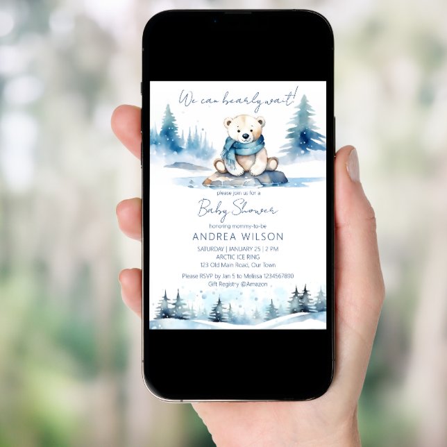 Polar bear winter bearly wait baby shower invitation (Front Digital)