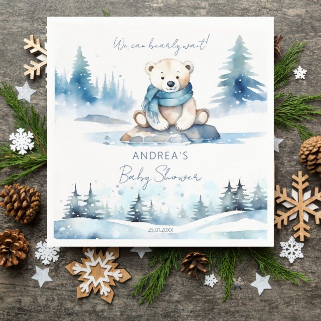 Polar bear winter bearly wait baby shower template napkins (Polar bear winter bearly wait baby shower tableware personalized template napkins cute white teddy)