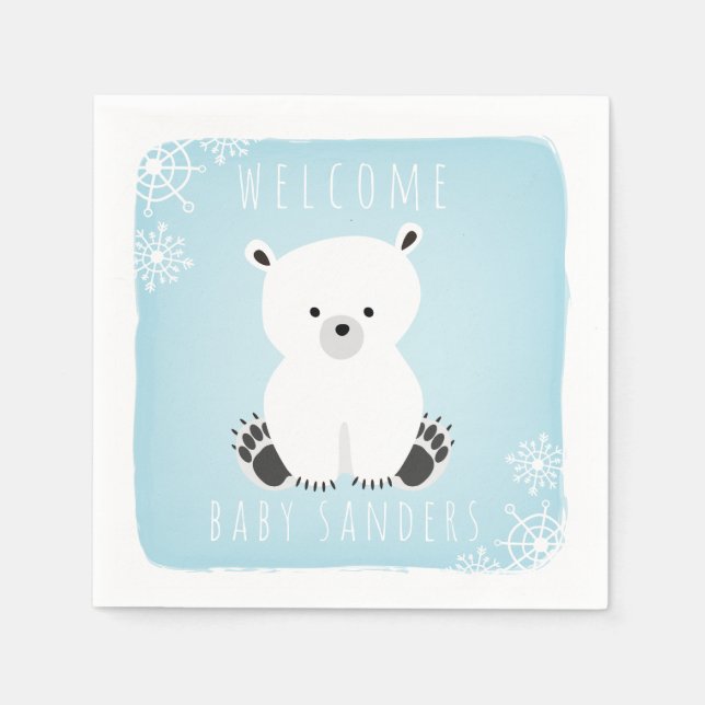 Polar Bear Winter Blue Boy Baby Shower Napkins (Front)
