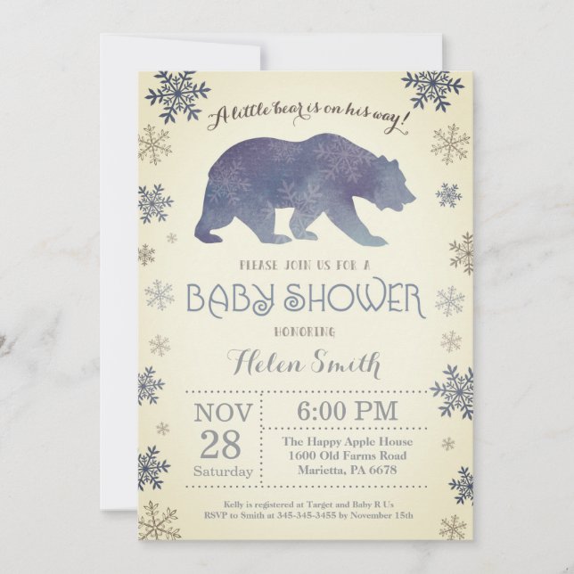 Polar Bear Winter Blue Boy Baby Shower Snowflake Invitation (Front)