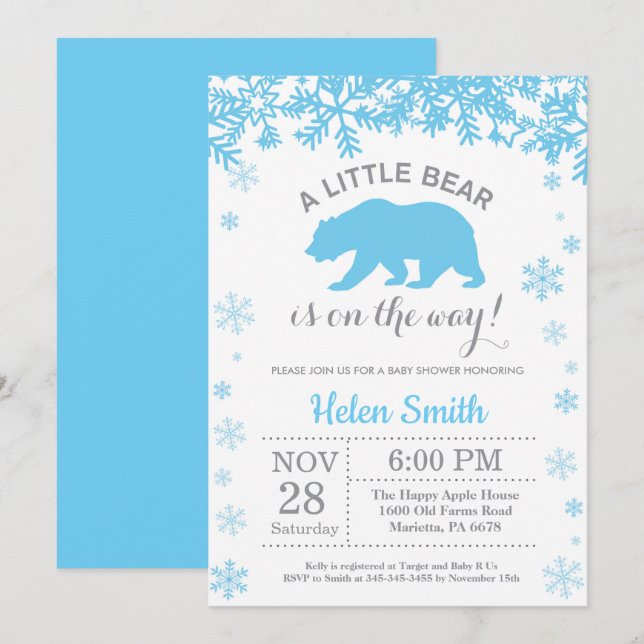 Polar Bear Winter Blue Boy Baby Shower Snowflake Invitation (Front/Back)