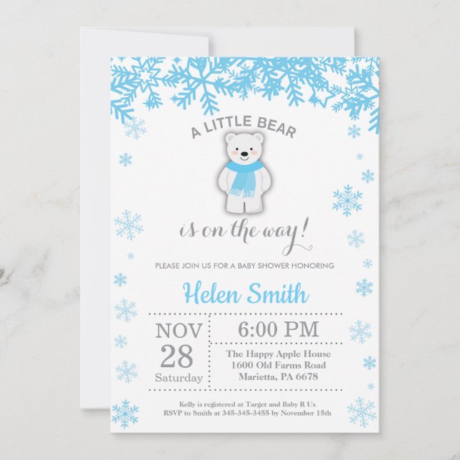 Polar Bear Winter Blue Boy Baby Shower Snowflake Invitation (Front)