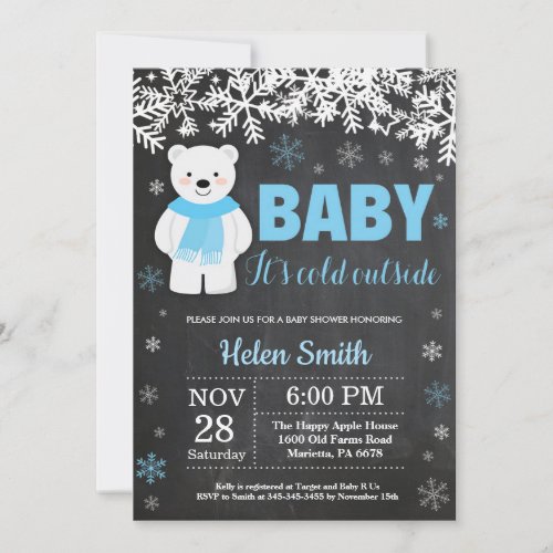 Polar Bear Winter Boy Baby Shower Chalkboard Invitation