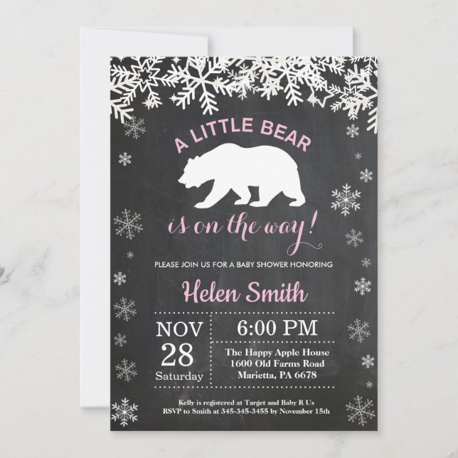 Polar Bear Winter Girl Baby Shower Chalkboard Invitation (Front)