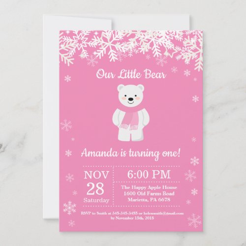 Polar Bear Winter Girl Birthday Invitation