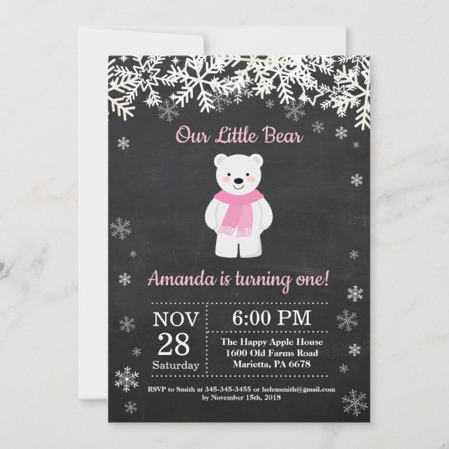 Polar Bear Winter Girl Birthday Invitation (Front)
