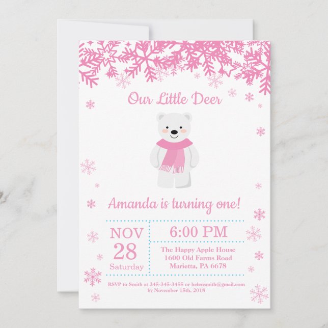 Polar Bear Winter Girl Birthday Invitation (Front)