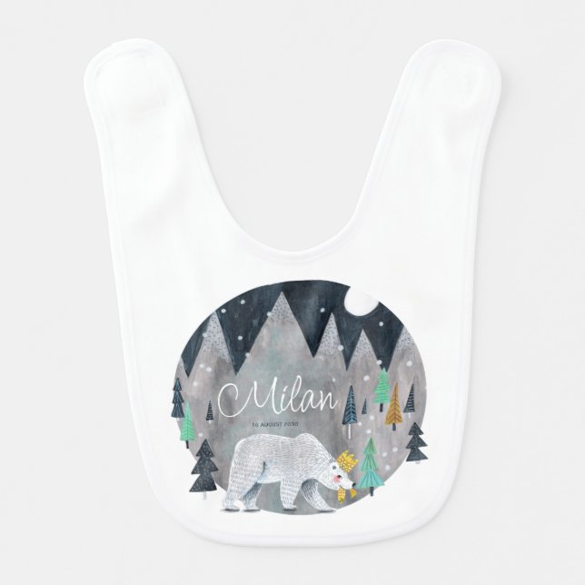 Polar bear winter mountains moon baby bib (Front)