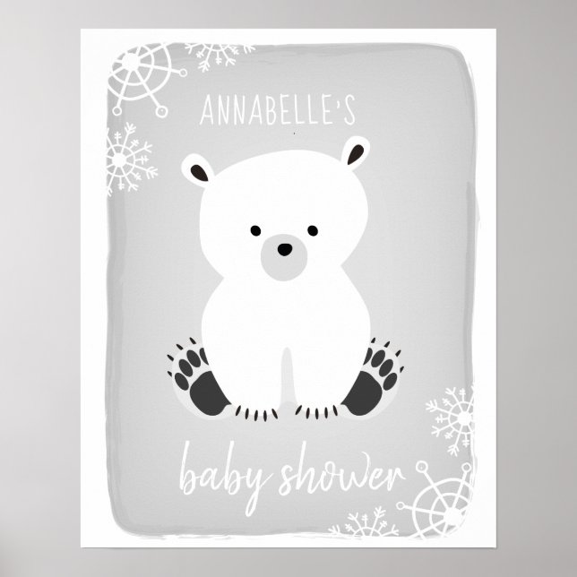 Polar Bear Winter Neutral Gray Baby Shower Poster (Front)