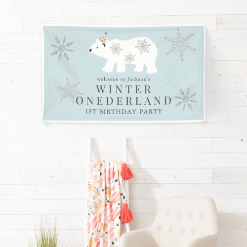 Polar Bear Winter Onederland Blue 1st Birthday Banner