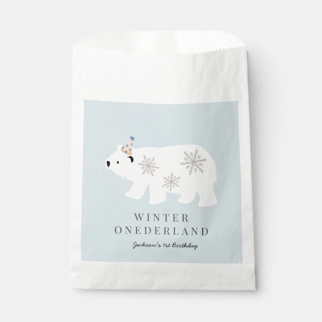 Polar Bear Winter Onederland Blue 1st Birthday Favor Bag (Front)