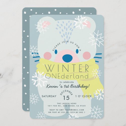 Polar Bear Winter Onederland Blue 1st Birthday Invitation