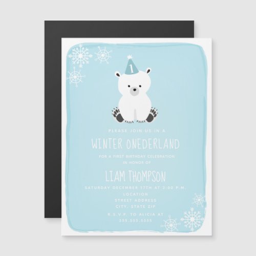 Polar Bear Winter Onederland Blue 1st Birthday Magnetic Invitation