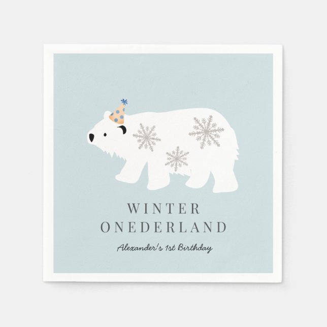 Polar Bear Winter Onederland Blue 1st Birthday Napkins (Front)