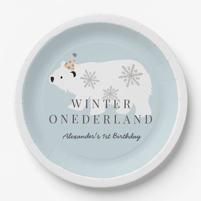 Polar Bear Winter Onederland Blue Birthday Paper Plates (Front)