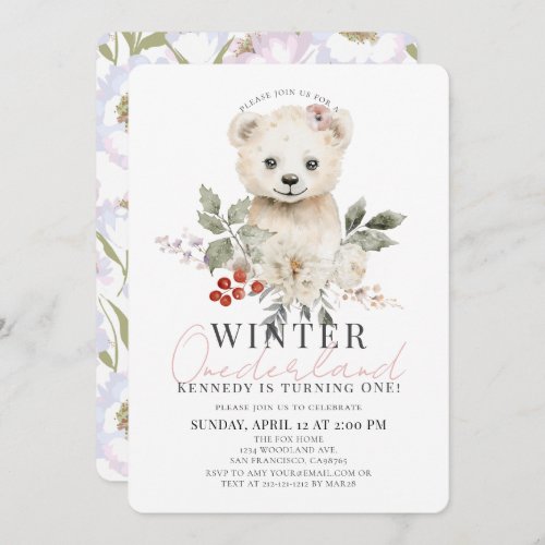 Polar Bear Winter Onederland Girl 1st Birthday Invitation