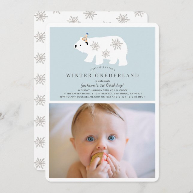 Polar Bear Winter Onederland Photo bl 1st Birthday Invitation (Front/Back)