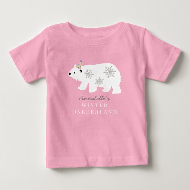 Polar Bear Winter Onederland Pink 1st Birthday Baby T-Shirt (Front)