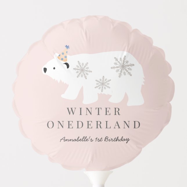 Polar Bear Winter Onederland Pink 1st Birthday Balloon (Front)