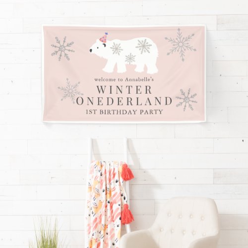 Polar Bear Winter Onederland Pink 1st Birthday Banner