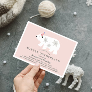Polar Bear Winter Onederland Pink 1st Birthday Invitation