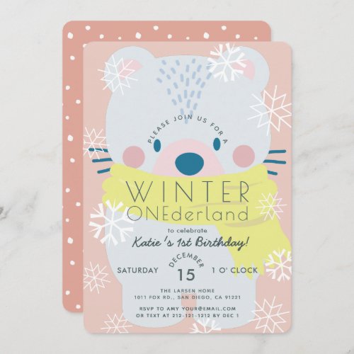 Polar Bear Winter Onederland Pink 1st Birthday Invitation