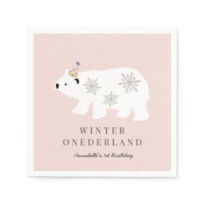 Polar Bear Winter Onederland Pink 1st Birthday Napkins