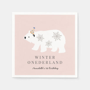 Polar Bear Winter Onederland Pink 1st Birthday Napkins